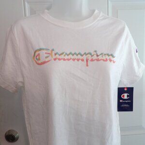 White Champion Tee Shirt with name in Tel Peach Yellow Women's Size Small